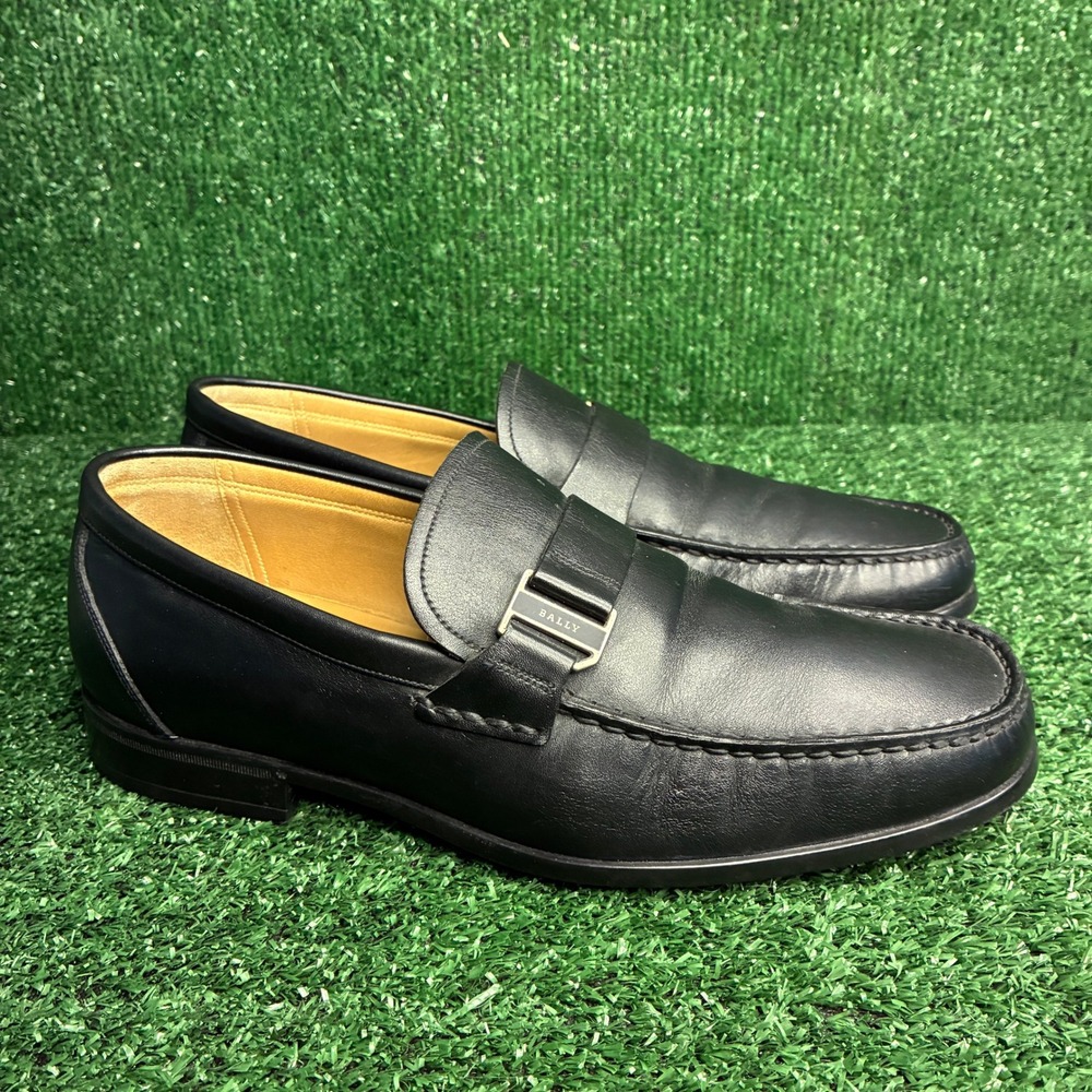 Bally Tedor Leather Buckle Slip On Dress Loafers Formal Black Mens 8 EEE X-Wide